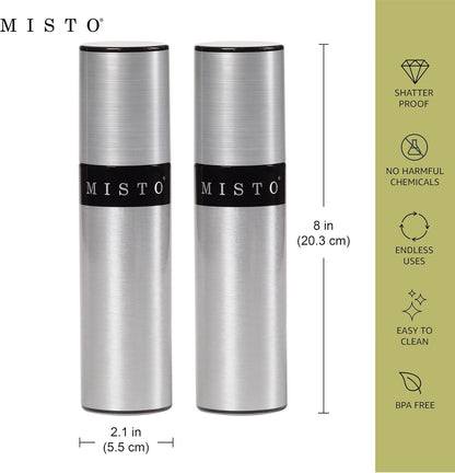 Misto Aluminum Oil Sprayer, Set of 2, Versatile Refillable Aerosol Sprayers for Olive Oil, Vinegar, Lemon Juice, Dressings, and More, Ideal for Cooking, BBQ, and Air Fryers