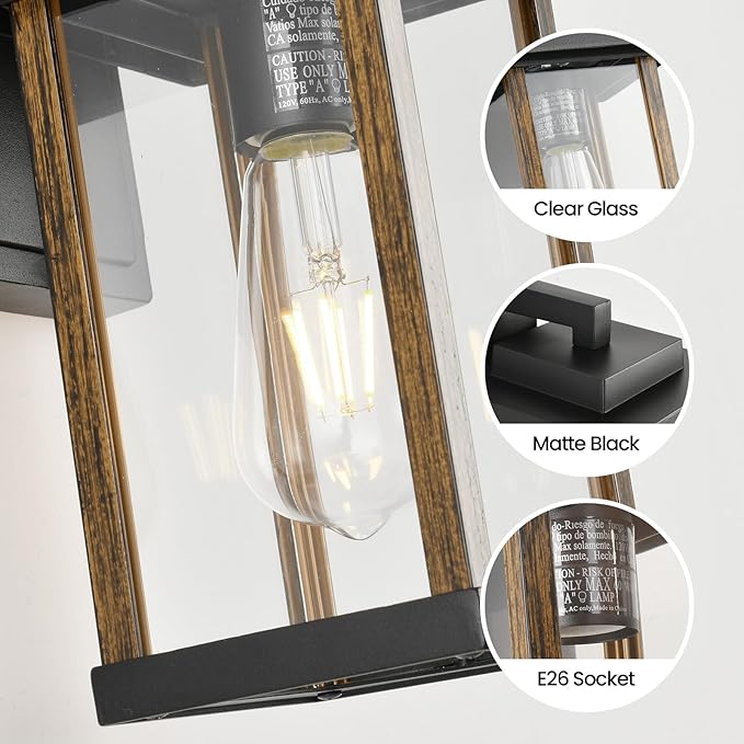 Outdoor Wall Sconce, Outside Porch Light Fixtures, Wall Mount Anti-Rust Exterior Wall Lights in Wood Grain Finish & Black Finish with Clear Glass for Garage Doorway Entryway