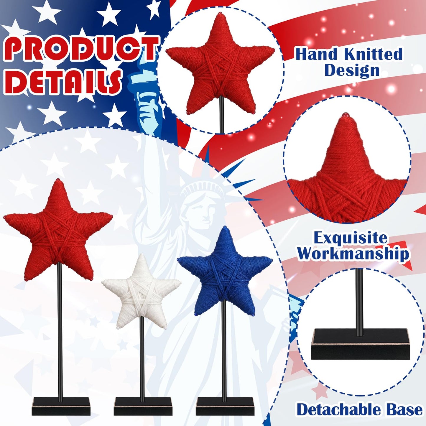 Yousoontic 3 Pcs 4th of July Rustic Patriotic Yarn Wrapped Star 250th Anniversary Tiered Tray Decor Star USA Red White Blue Farmhouse Table Centerpiece Handmade Americana Home Decoration