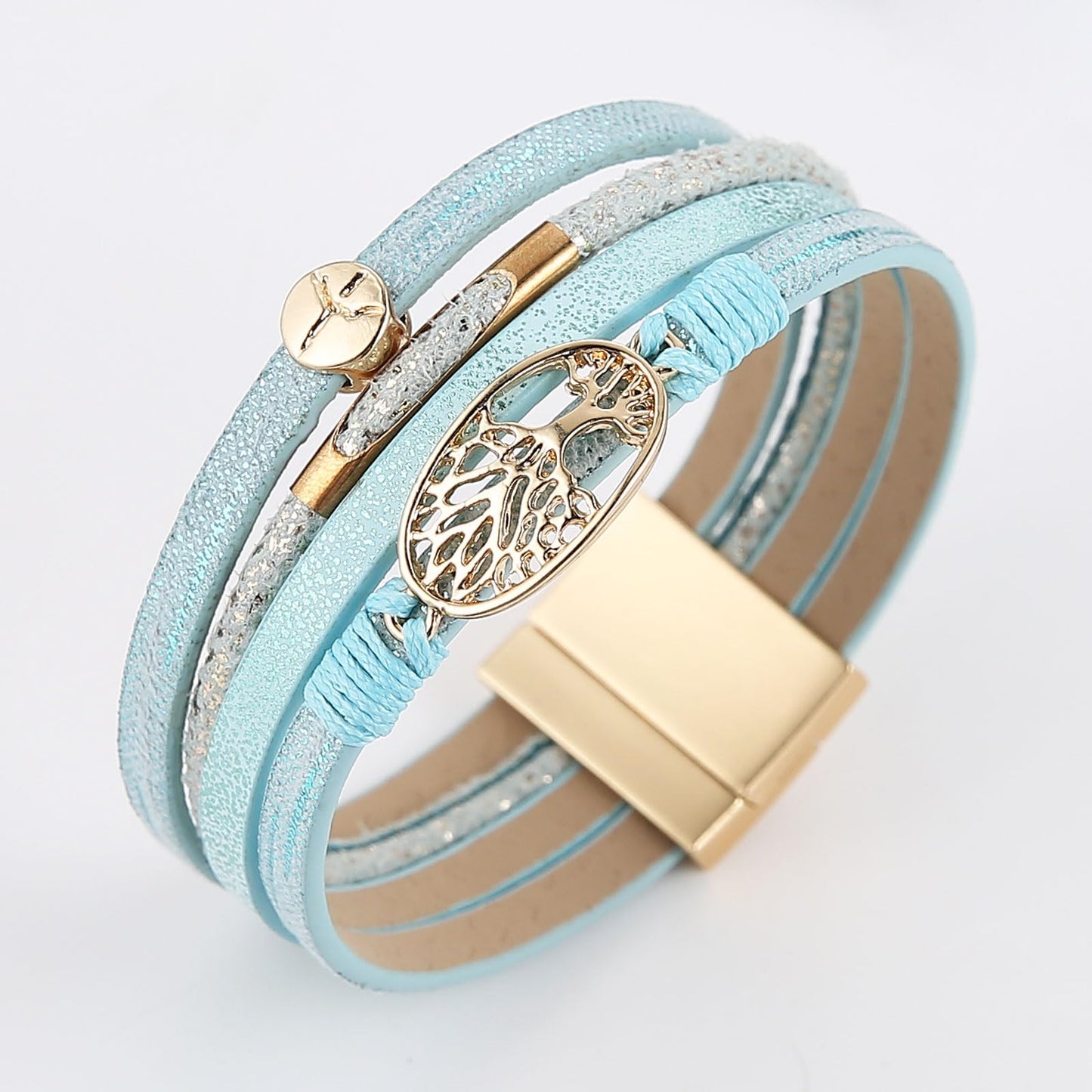 HZMAN Handmade Tree of Life Leather Wrap Bracelets for Women Boho Multilayer Cuff Bangle Gold Peace Sign World Peace Bracelet