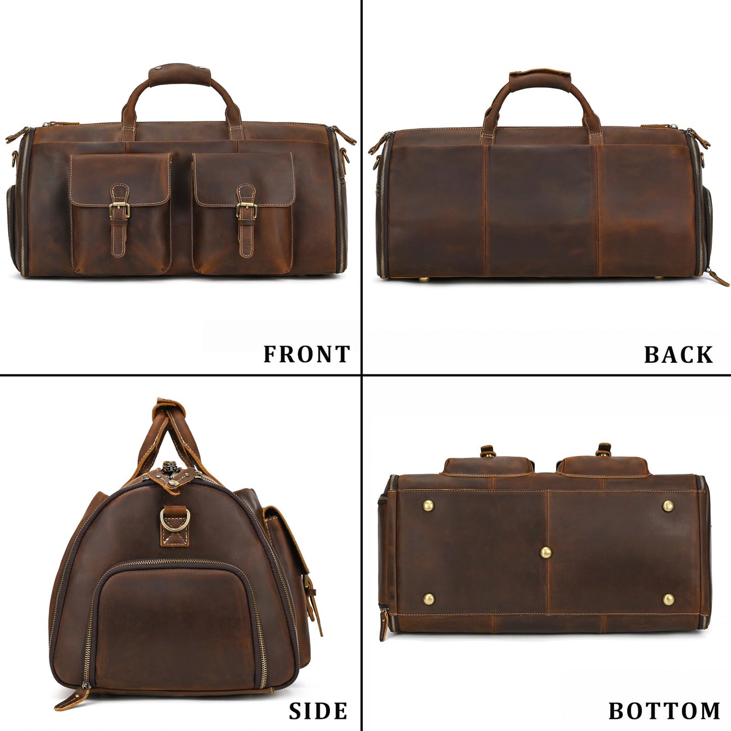 Leather Garment Bag for Men, Convertible Carry on Garment Duffel Bag for Travel Weekender Bag 2 in 1 Hanging Suitcase Suit Bag
