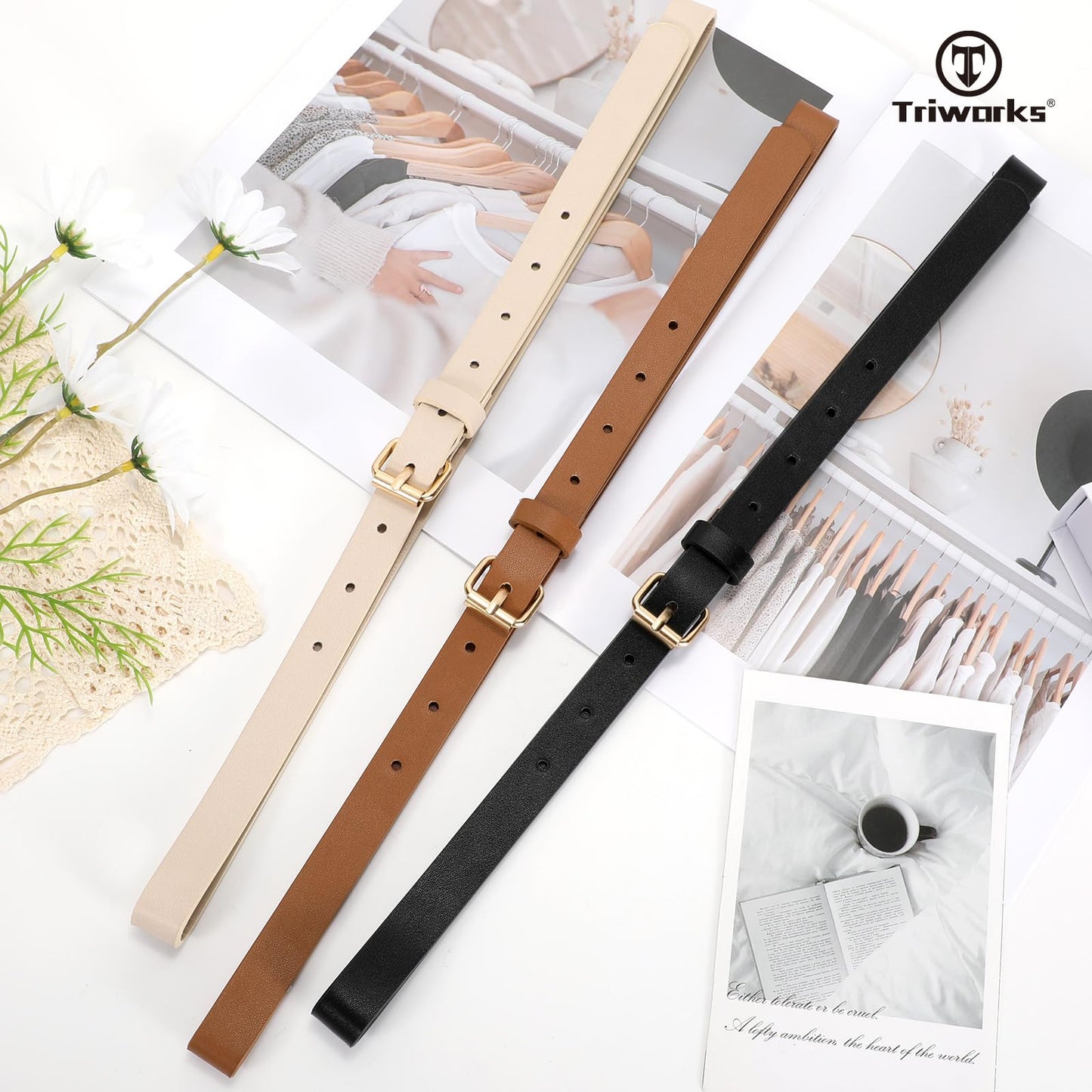 TRIWORKS 3 Pack Women Skinny Leather Belt for Jeans Pants Dress Ladies Thin Waist Belt with Gold Buckle