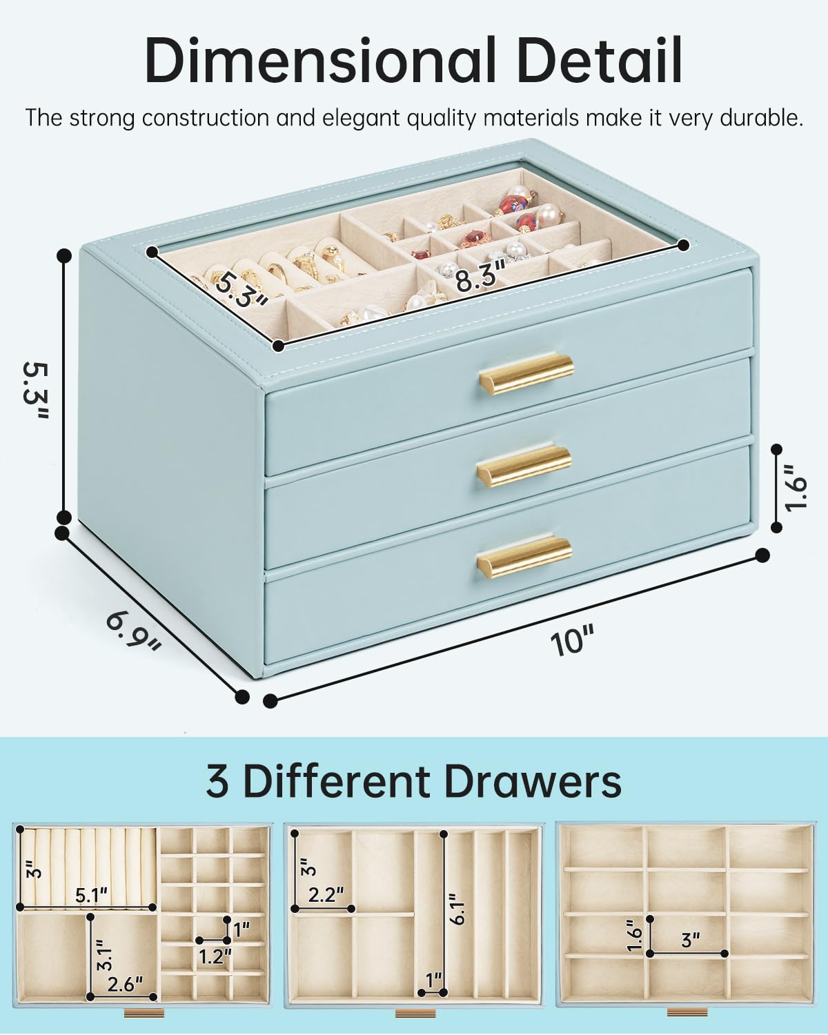 AKOZLIN Jewelry Box with Clear Lid Functional Leather Jewelry Storage Organizer Case 3 Drawers for Women Girls Necklace Ring Bracelet Earring