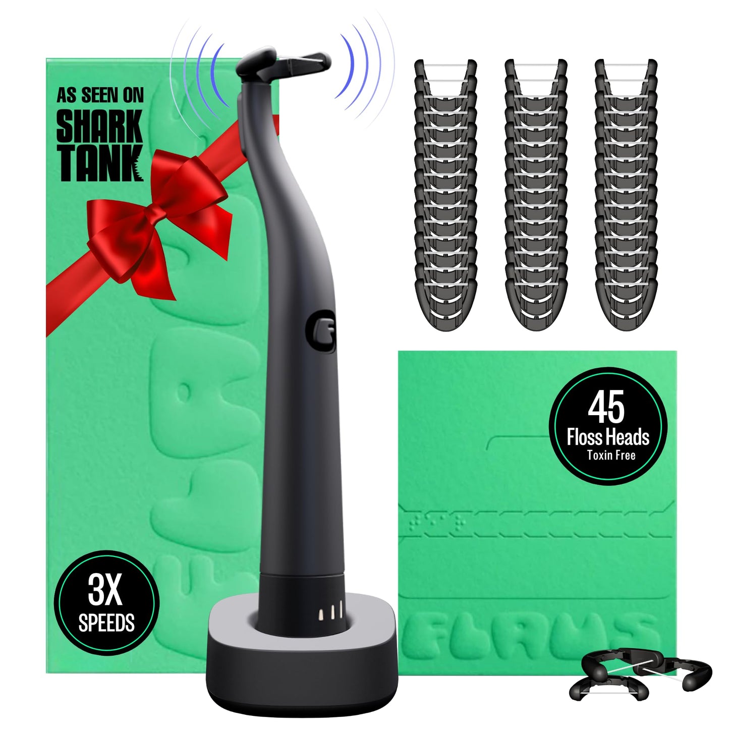 FLAUS Electric Flosser (Shark Tank) 3 Speeds + 45 Refill Heads w/Extra Strong Woven Floss, Increased Durability - Water Flosser Alternative, Dentist Recommended Tooth Flossers, Eco Dental Floss Picks