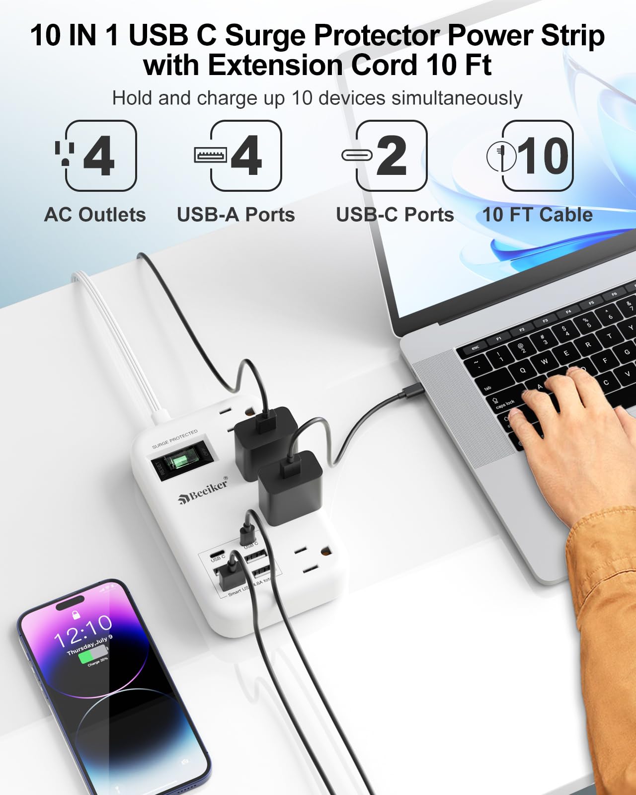 6 USB(2 USB C) Purple Travel Power Strip- 5Ft Lavender Extension Cord with 24W USB Charging Station and 4 Outlets, Purple Desk Accessories with Surge Protector for Cute Kawaii Office Dorm Room