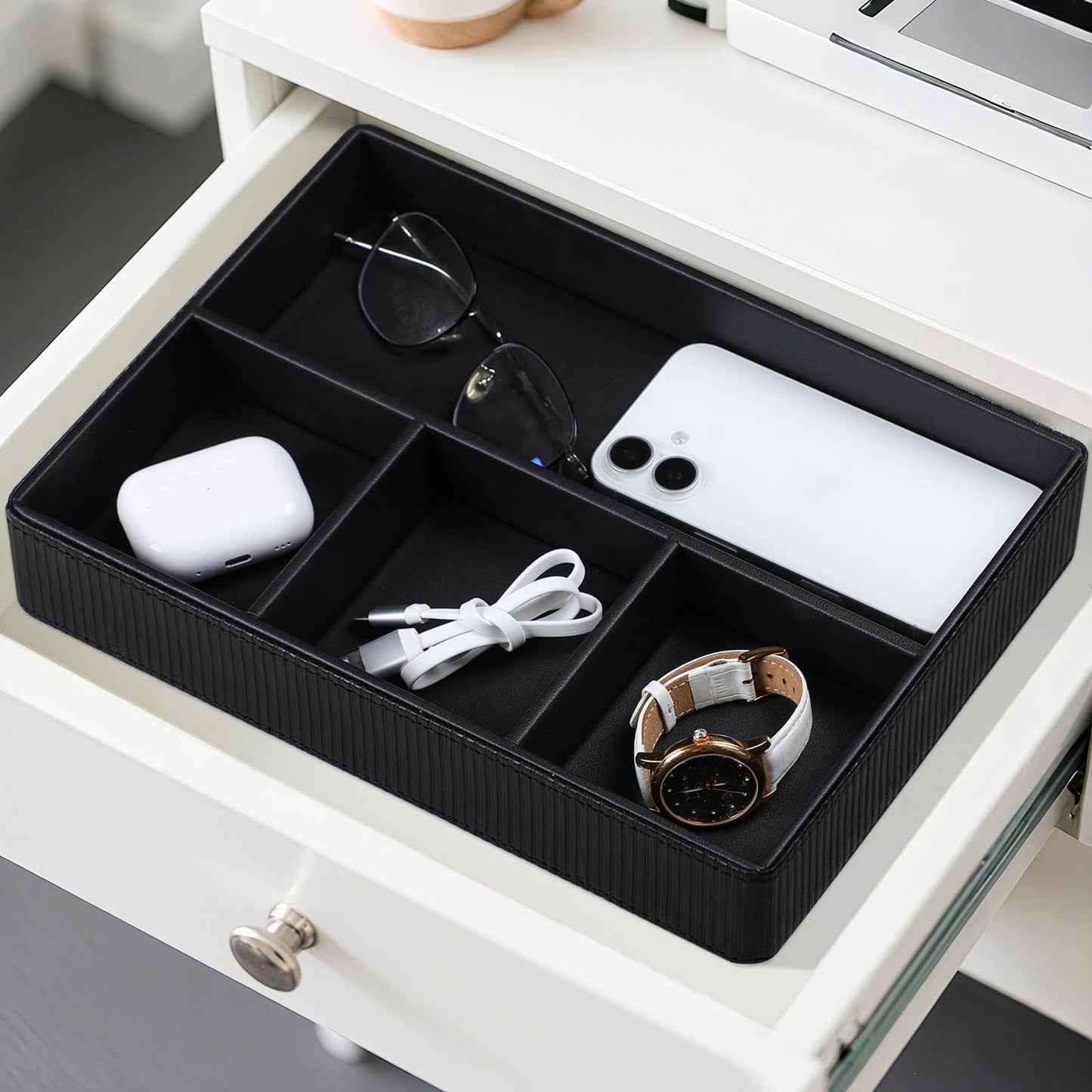 NICLNGSH PU Leather Valet Tray, Decorative Trinket Vanity Desk Drawer Organizer Tray, Perfume Dish Catch All Bowl for Keys, Nightstand Drawer Organizer Women Men with 4 Compartments (Black)