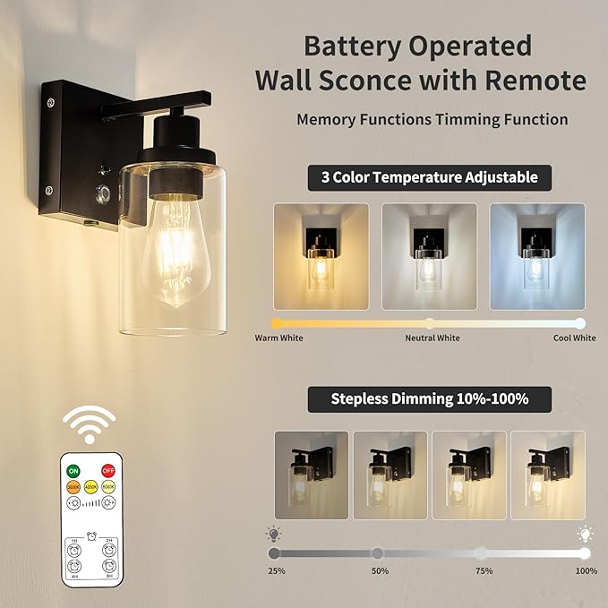 Dimmable Battery Operated Wall Sconce Set of 2 Black with 3-Color Temperature Bulb, 10000mAh Rechargeable Wireless Wall Sconces Set of Two with Remote Control Wall Light for Bedroom, Hallway