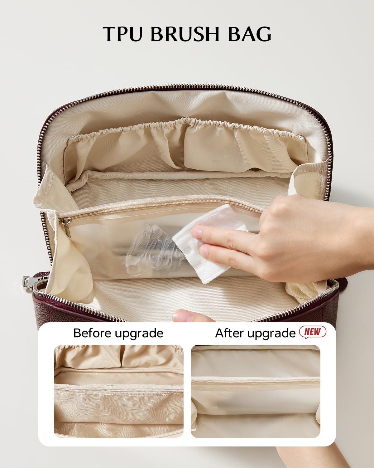 EACHY Travel Makeup Bag, Lychee Leather Large Capacity Cosmetic Bag for Women, Open Flat Toiletry Bag with TPU Brush Compartment, Waterproof Skincare Organizer Travel Essentials