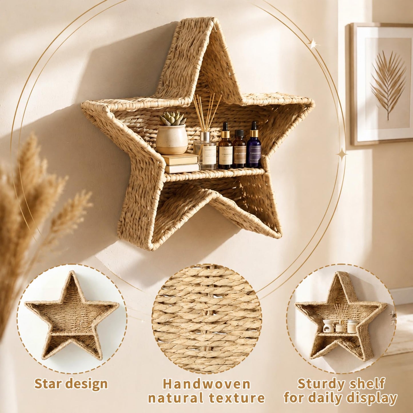 Domensi Handwoven Wall Shelf Decor Wicker Nursery Hanging Organizer Basket Shelves Natural Rattan Storage Basket for Small Books Bookshelf Bathroom Living Room Bedroom Corner(Star Shape)