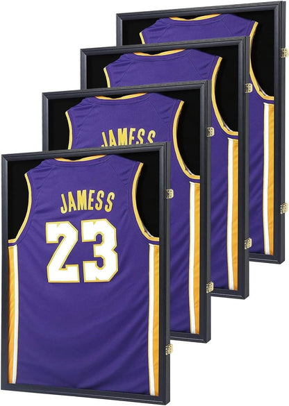 Jersey Frame Display Case - Large Lockable Shadow Box with UV Protection for Sports Jerseys | 4 Pack, Black