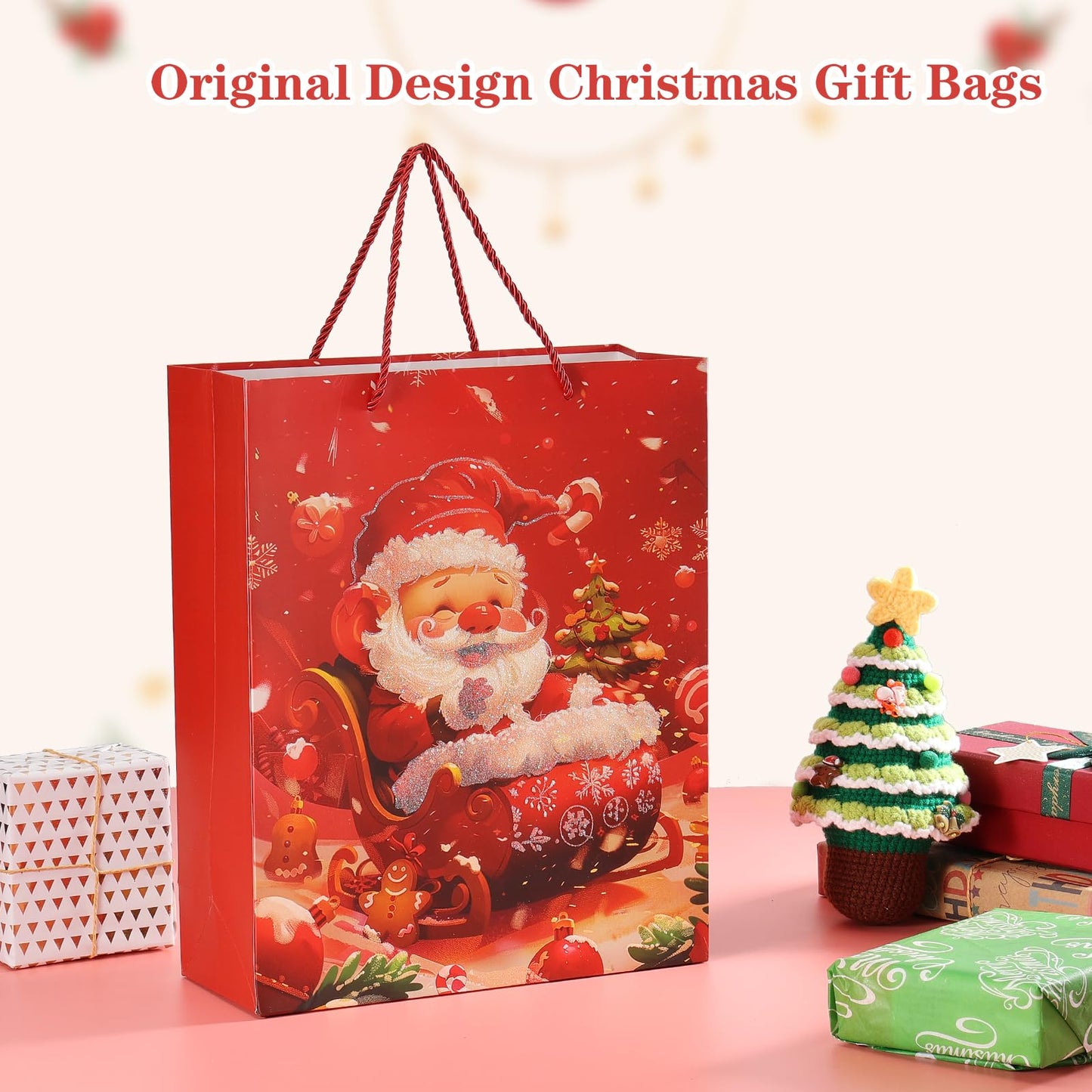 Rusikia 12 Christmas Gift Bags with 12 Tissues and 1 Satin Ribbon - Medium