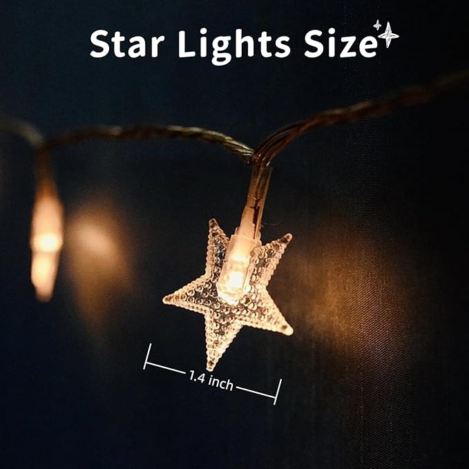 Star String Lights 17 ft 50 LED Battery Operated, Fairy Lights for Bedroom, String Lights for Kids Bedroom Wedding Mantel Patio Christmas Holiday Dorm Decor, Warm White