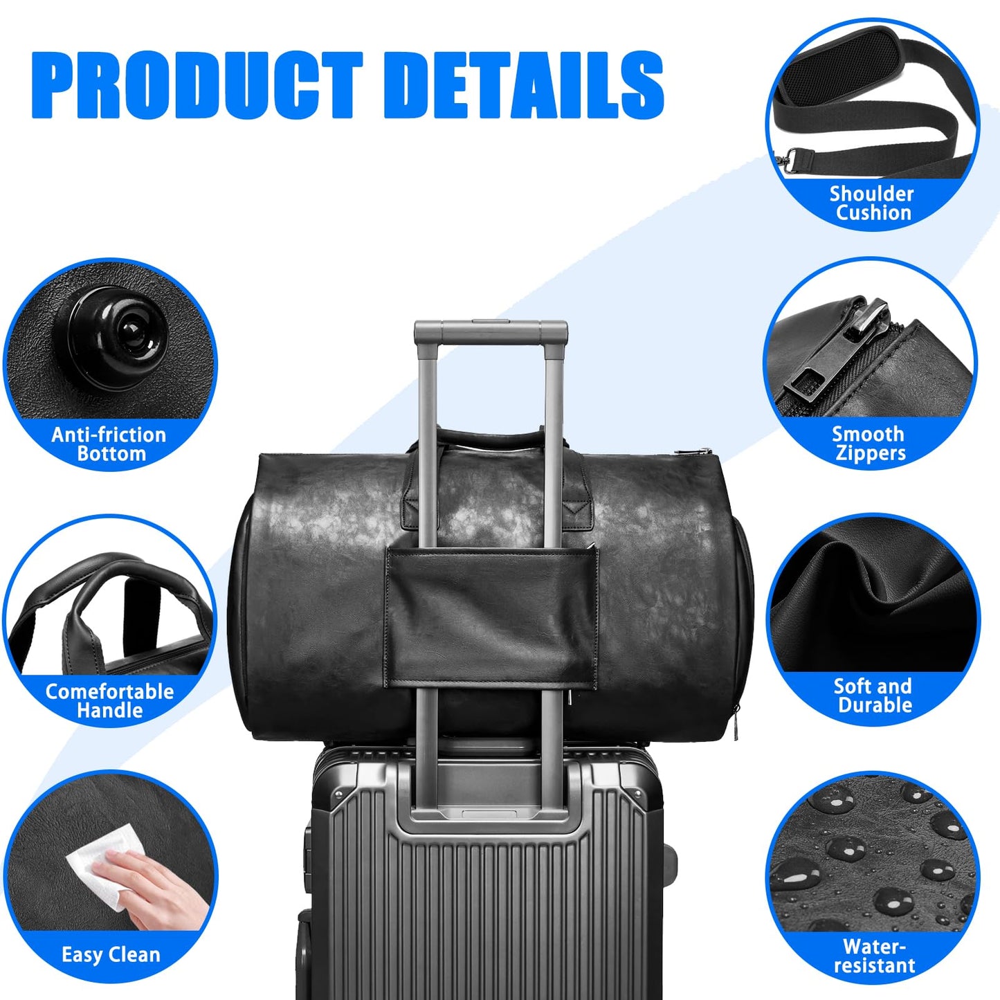 Leather Garment Bag，Convertible Garment Duffel Bag for Travel Mens Suit Bag 2 in 1 Waterproof Foldable Carry on Garment Bag with Shoulder Strap Weekender Bag with Shoe Pouch