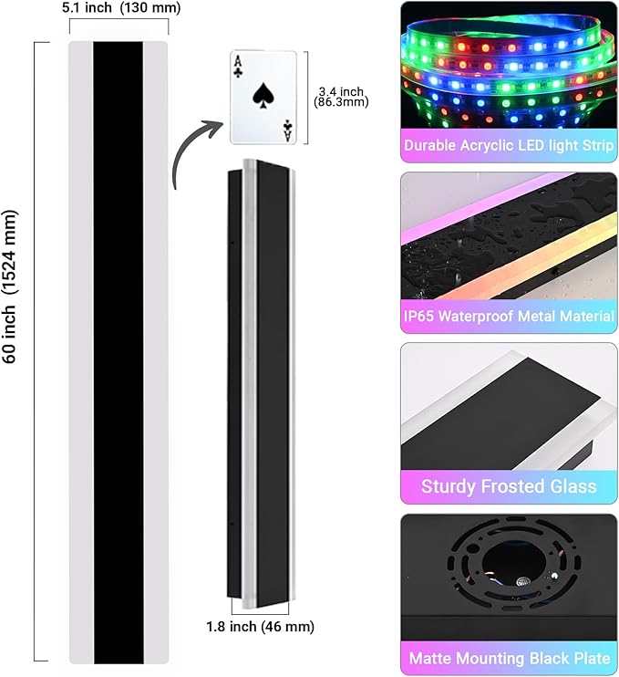 2 Pack RGB Outdoor Long Wall Lights, 60 inch Outside LED Long Lights, Dimmable Exterior Lighting Fixtures, Large Outside Linear Light Fixture for Patio, Garage, Porch, Front Door