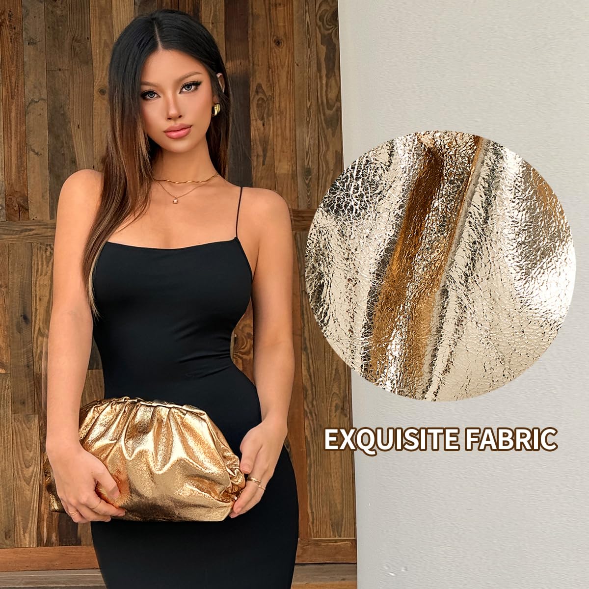 MXCMXC Women’s Evening Bag Vegan Leather Pleated Dumpling Clutch Purse, Soft Evening Handbag for Weddings, Proms, Parties, Formal (Gold)