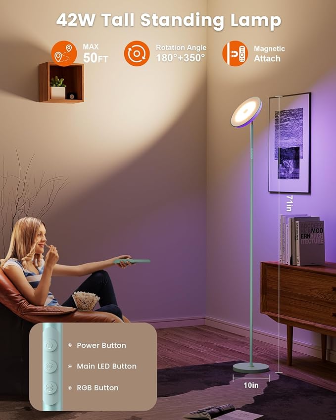 Bright Floor Lamp for Living Room, 42W LED Room Lights with Remote, 3700LM RGBW Modern Tall Standing Light, Color & Brightness Dimmable, UFO Ring Lamp,1/2/3H Timer for Bedroom,Office(Blue