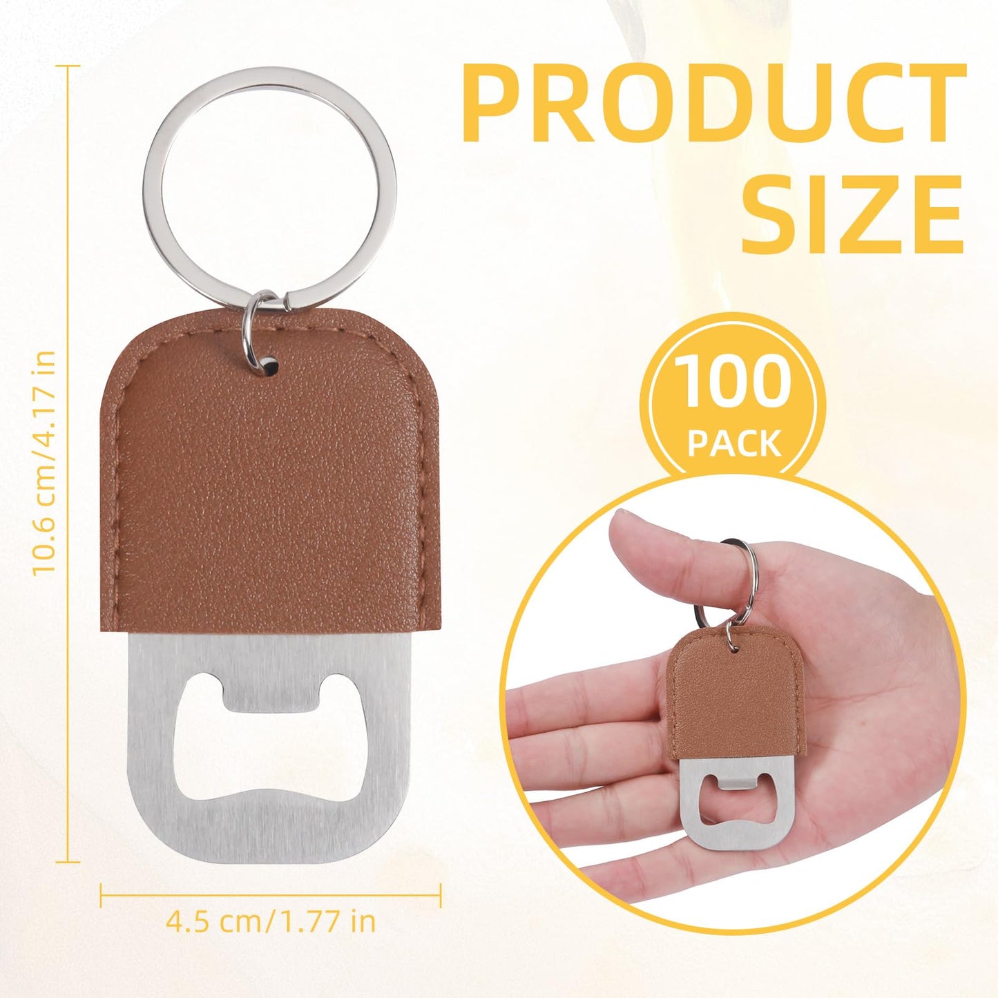 Yugada 100 Pack Leather Bottle Opener Keychain Stainless Steel Flat Beer Opener Keychain DIY Beverage Beer Bottle Openers for Party Favor Bartender Bar Restaurant