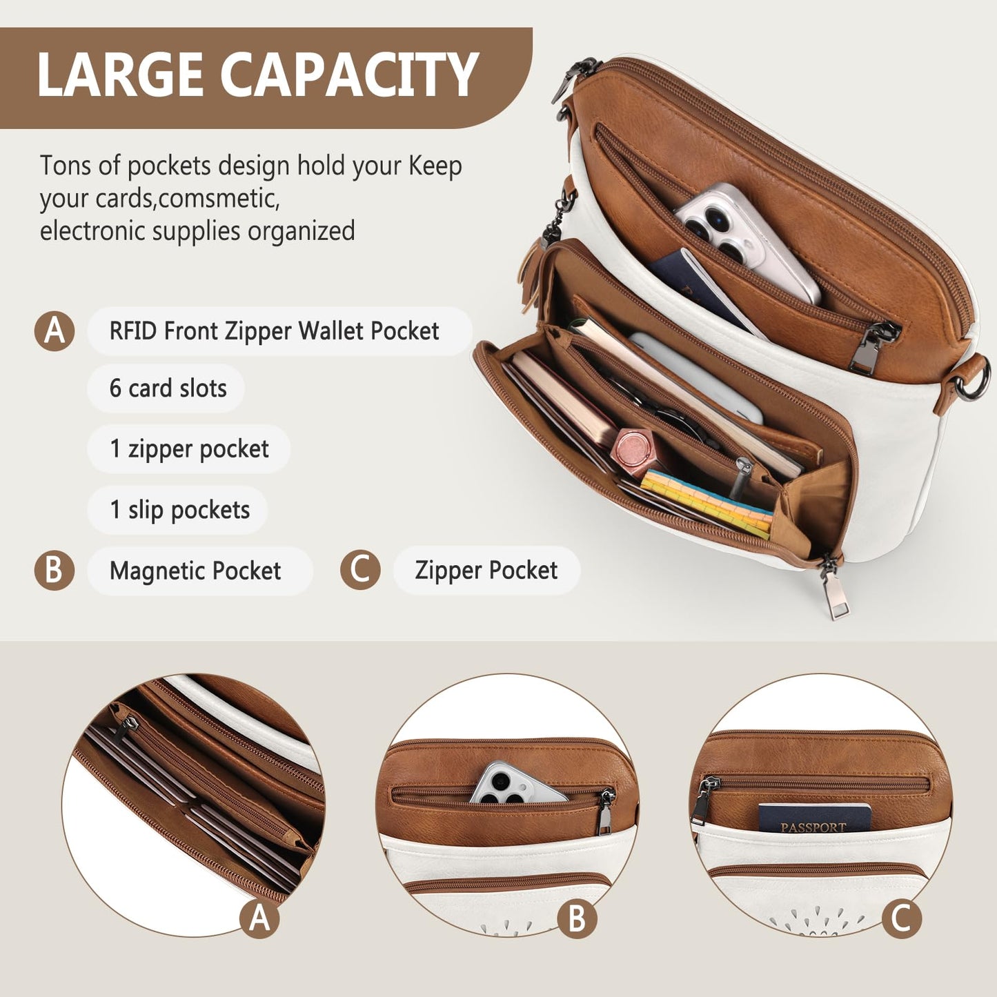 RAINSMORE Crossbody Bags for Women Leather Crossbody Purse Designer Womens Shouler Bags Handbags Trendy Medium Cross Body Purse Travel Work, white brown