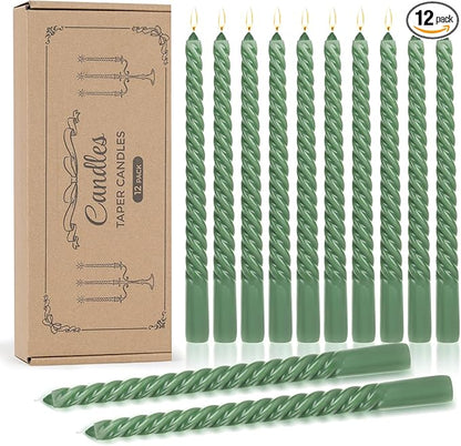 Tobeape Sage Green Twisted Taper Candles Set of 12, 10 Inch Tall Unscented Dripless, Smokeless Spiral Christmas Tapered Candlestick for Wedding Home Décor Dinner St. Patrick's Day- 8 Hour Long Burning