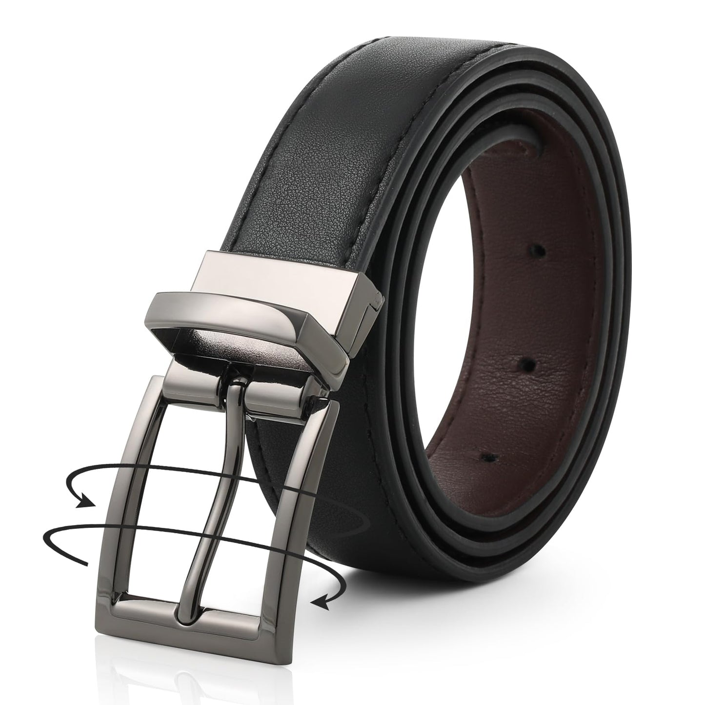 AWAYTR Reversible Leather Belt for Women - Two Color-in-One Belt for Jeans Dress Women Men Belt with Rotated Buckle(Coffee/Black with Gun Color Buckle 25in-31in)