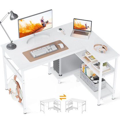 ODK 40 Inch Small L Shaped Computer Desk, Corner Desk with Reversible Storage Shelves, Modern Simple Writing Study Table with Iron Hook, White