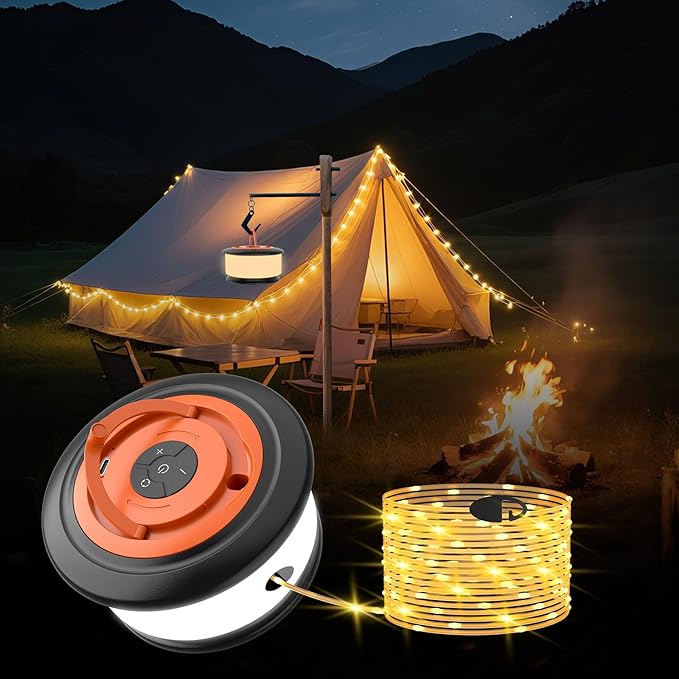 Camping String Lights, 3 in 1 Outdoor Camping Light with 6 Lighting Modes, Quick Storage 32.8FT Rechargeable Tent Lantern, Portable LED Hanging Light for Outdoor Patio Awning Garden Party