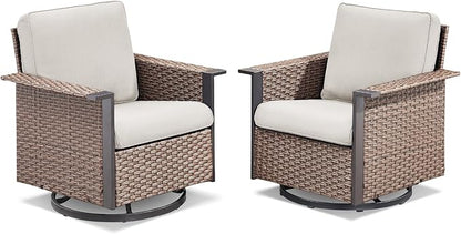 Patio Wicker Chairs Swivel Rocker-Outdoor Swivel Rocking Patio Chairs Set of 2,Wide Armrest Wicker Chair Outdoor Patio Furniture Set with Covered Cushions for Porch Balcony Patio Deck Brown/Beige