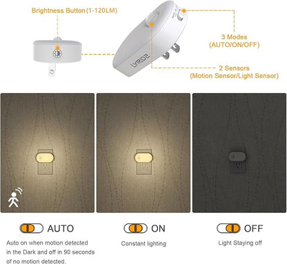 Lyridz Plug in Night Light with Motion Sensor, 120LM Superior Bright Smart Mini LED Nightlight, Warm White with Stepless Adjustable Brightness for Bathroom, Bedroom, Kitchen, Stairs, Hallway, 2 Pack