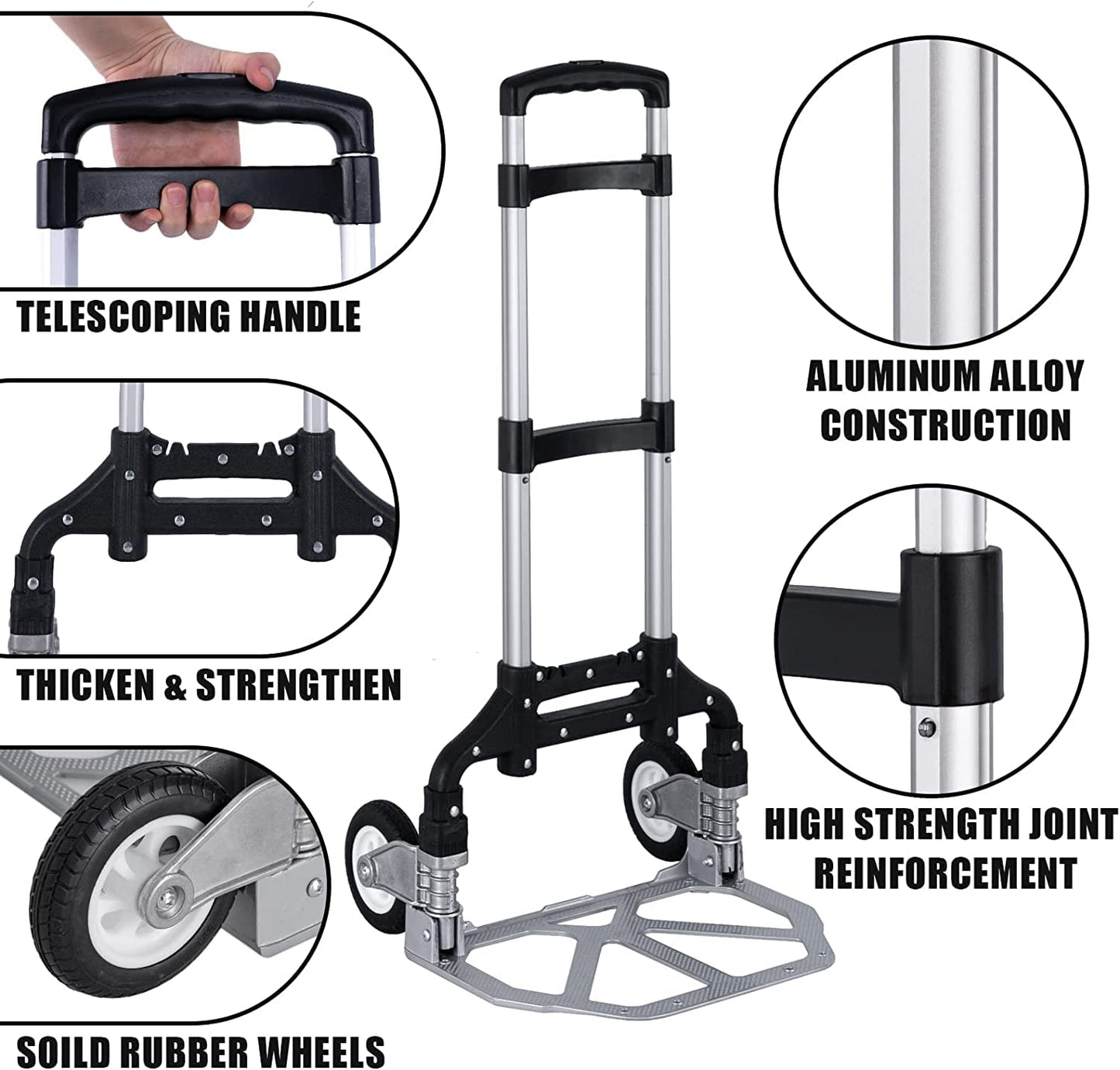 Folding Hand Truck Dolly Aluminum Folding Hand Cart Luggage Trolley Cart Max 175lbs Capacity Dolly Cart, with Telescoping Handle and Rubber Wheels, Double Bearings