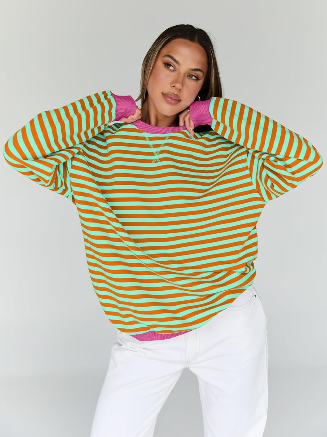 Trendy Queen Oversized Sweatshirt for Women 2025 Fall Crewneck Striped Long Sleeve Shirts Hoodies Cute Top Y2K Outfits