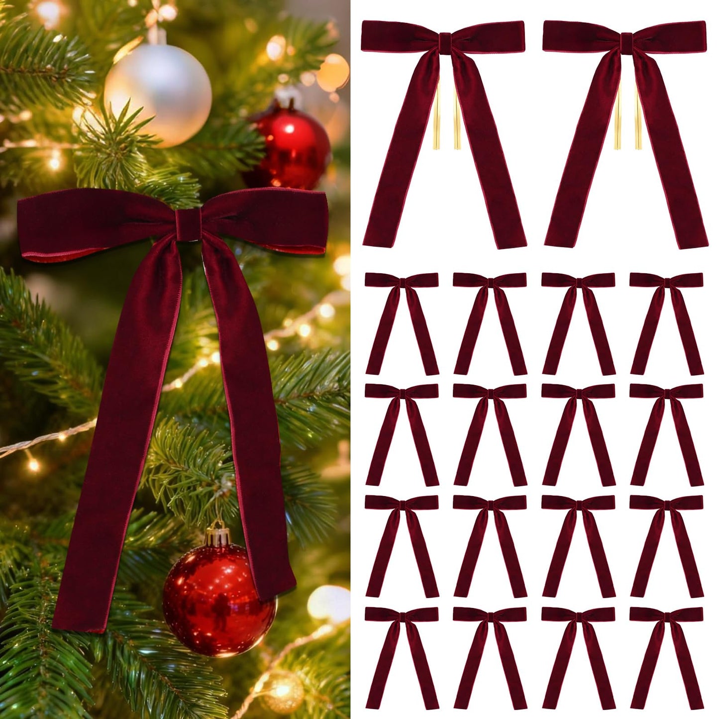 Hekocap 18 Pcs Burgundy Velvet Bows for Christmas Tree – Burgundy Velvet Christmas Tree Bows, Holiday Decorations for Garland Wreath Bow (5 * 7", 1" Wide)