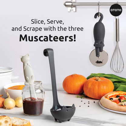 OTOTO Muscateers Bundle of Mary Cat, Katie, Kitty - Jar Scraper Spatula, Soup Ladle, Pizza Cutter - Cute Kitchen Accessories, Spooky Gothic Cat Gifts for Women, Kitchen Gifts, Halloween Gifts