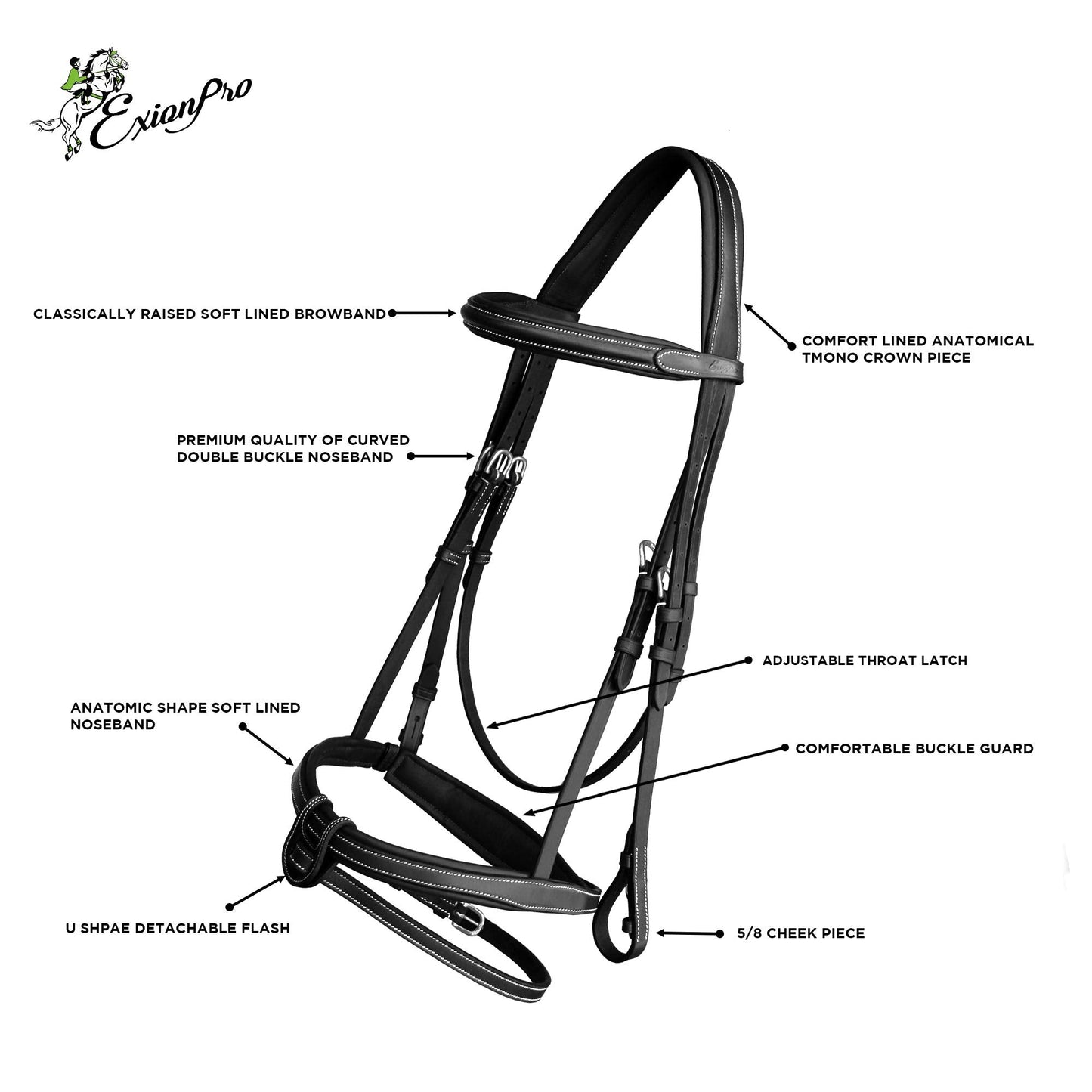 Exion Comfort Soft Lined Snaffle Hunter Jumping Bridle with Detachable Flash & Rubber Reins | Anatomical English Bridle for Horses (Black, Full)