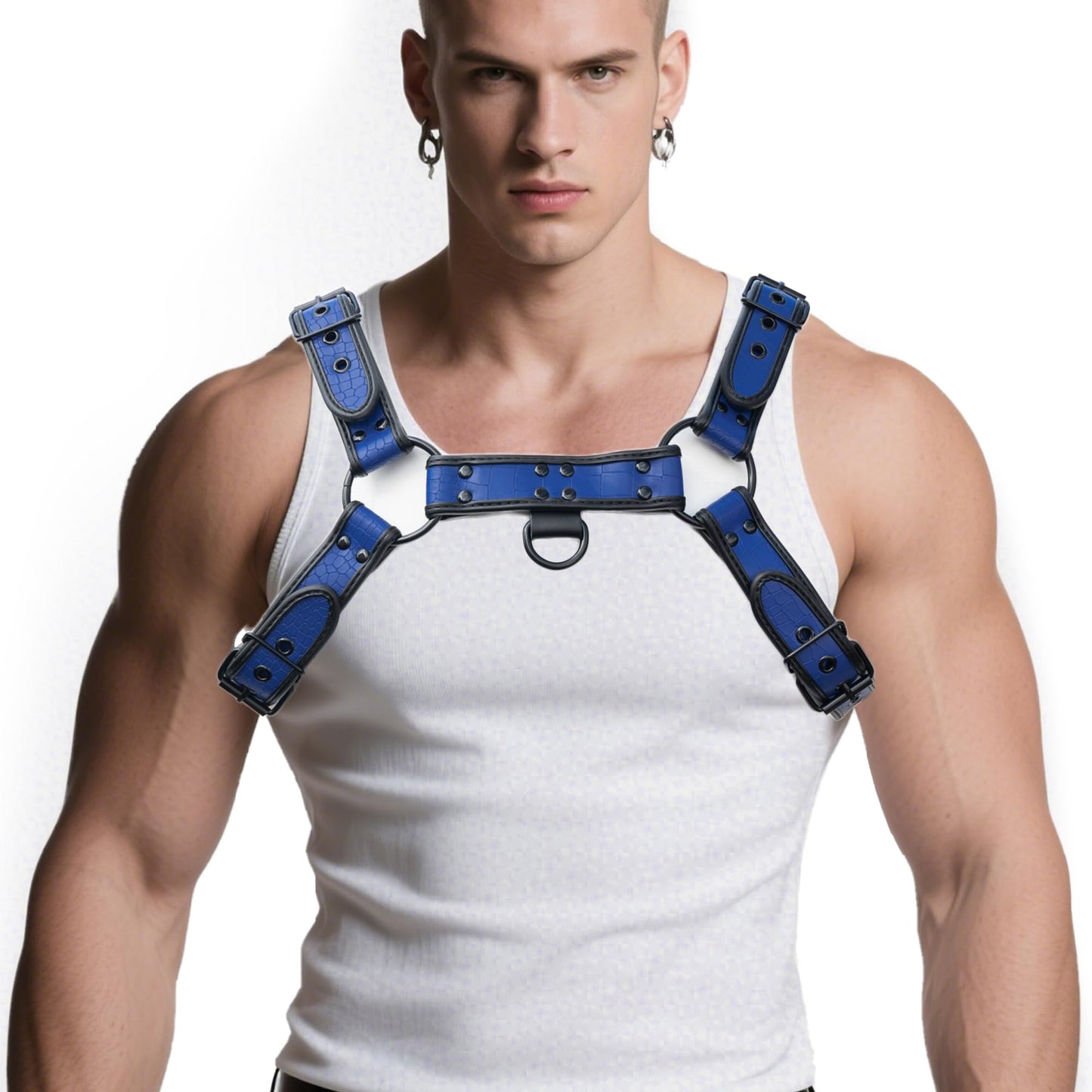 ZZRBVFH Men's PU Leather Body Harness with Crocodile Texture - Adjustable Fitness Vest for Gym, Motorcycle - Black/Red/Green/Blue (Blue)