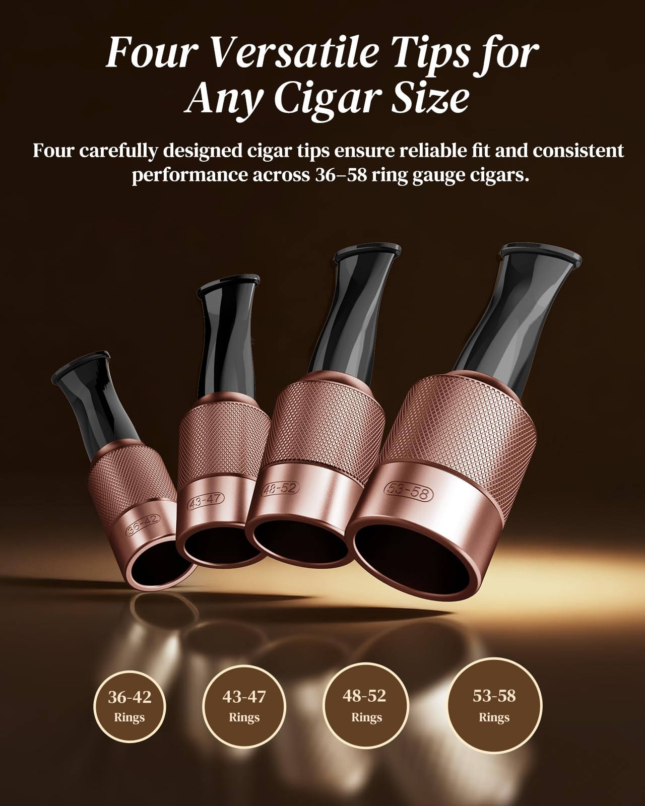 DGHOPE Cigar Holder & Mouthpiece Tips Set (36–58 Ring Gauge) – Reusable Metal & Resin Cigar Mouthpiece with Beech Wood Storage Base, Smooth Draw, Cigar Accessories Gift for Men and Women Brown