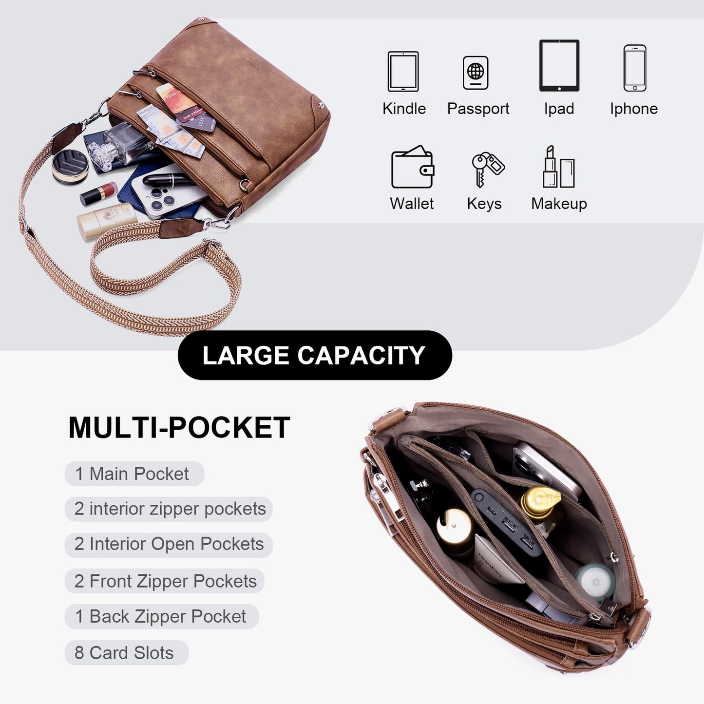 Lexiyat Crossbody Bags for Women Rfid Travel Crossbody Purses Leather Roomy Handbags Medium Shoulder bag with Adjustable Strap Brown