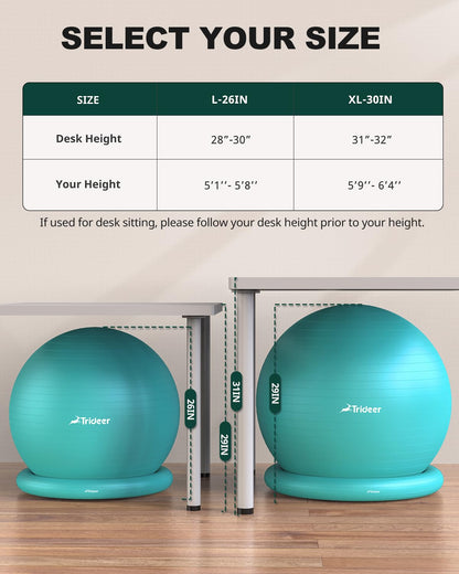 Trideer Exercise Yoga Ball Chair with Base for Home Office Desk, Stability & Fitness Ball Seat to Relieve Back Pain, Home Gym Workout for Abs, Pregnancy Ball with Pump