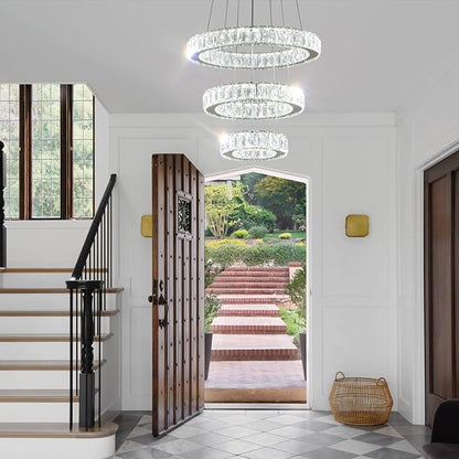 FRIXCHUR Modern LED Chandeliers Crystal Pendant Light 3 Ring Chandelier Hanging Crystal Ceiling Light Fixture Adjustable Pendant Light for Living Room Dining Room Bedroom Foyer Gold (Cool White)