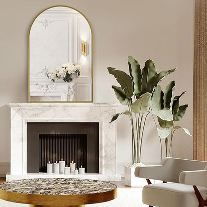 Large Gold Arched Mirror, 30" x 40" Modern Brushed Metal Frame Arch Wall Decorative Mirror, Arched Top Bathroom Vanity Mirror for Living Room Bedroom Hallways Entryway