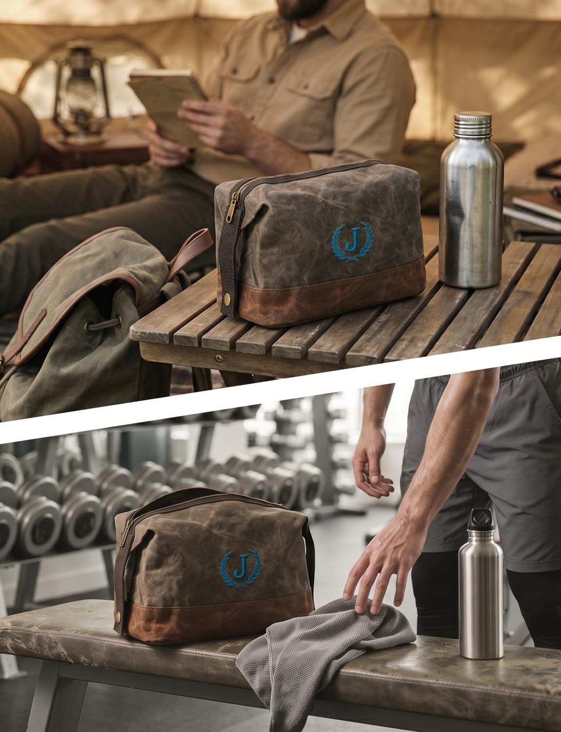 Personalized Toiletry Bag Fathers Day Birthday Gifts for Men, Large Waxed Canvas Travel Dopp Kit Monogrammed Initial Embroidery, Waterproof Shaving Case for Gym Camping Hiking Weekend Trip Letter J
