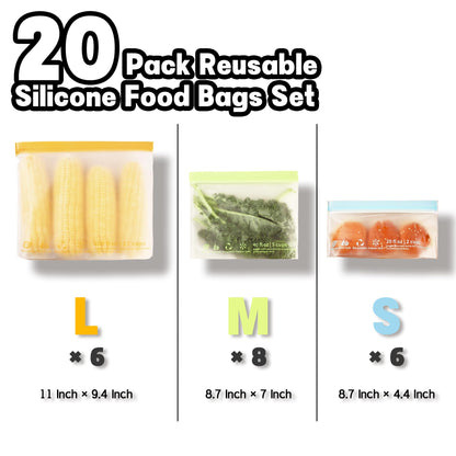 24 Pack Reusable Food Storage Bags,Leakproof Freezer Bags BPA Free Stand Up Sandwich Bags for Lunch Salad Fruit Travel,Dishwasher Safe(8 Gallon,8 Sandwich,8 Snack)