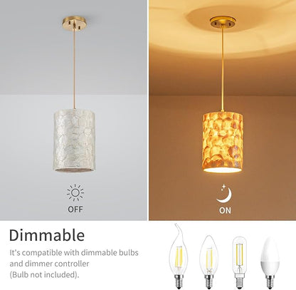 1-Lights Capiz Shell Chandelier, Coastal Design, Modern Pendant Light Fixture for Dining Room, Living Room, Kitchen Island, D7 x H18~66"(Adjustable Height), Shell Lampshade & Gold Finish Frame