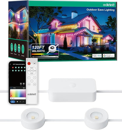 EDISHINE 120ft Permanent Outdoor Christmas Lights, 80 LED RGB+IC+Warm/Cool White Eave Light, App/Remote Control, IP67 Waterproof 50 Scene Modes for House and Daily Decor, Alexa Google Enable