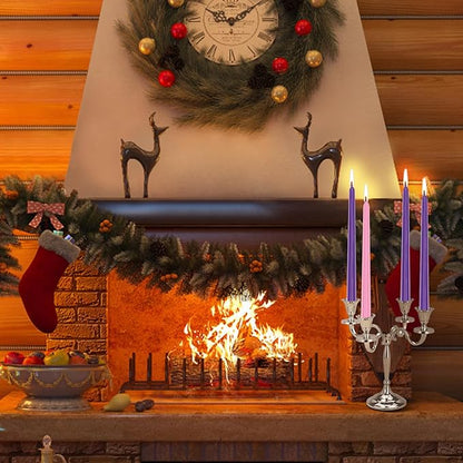 Christmas Advent Candle Set (Set of 4), 10 Inch Christmas Wax Taper Candles, 8 Hours Long Burning Time Dripless Unscented Dinner Candle, 3 Purple & 1 Pink