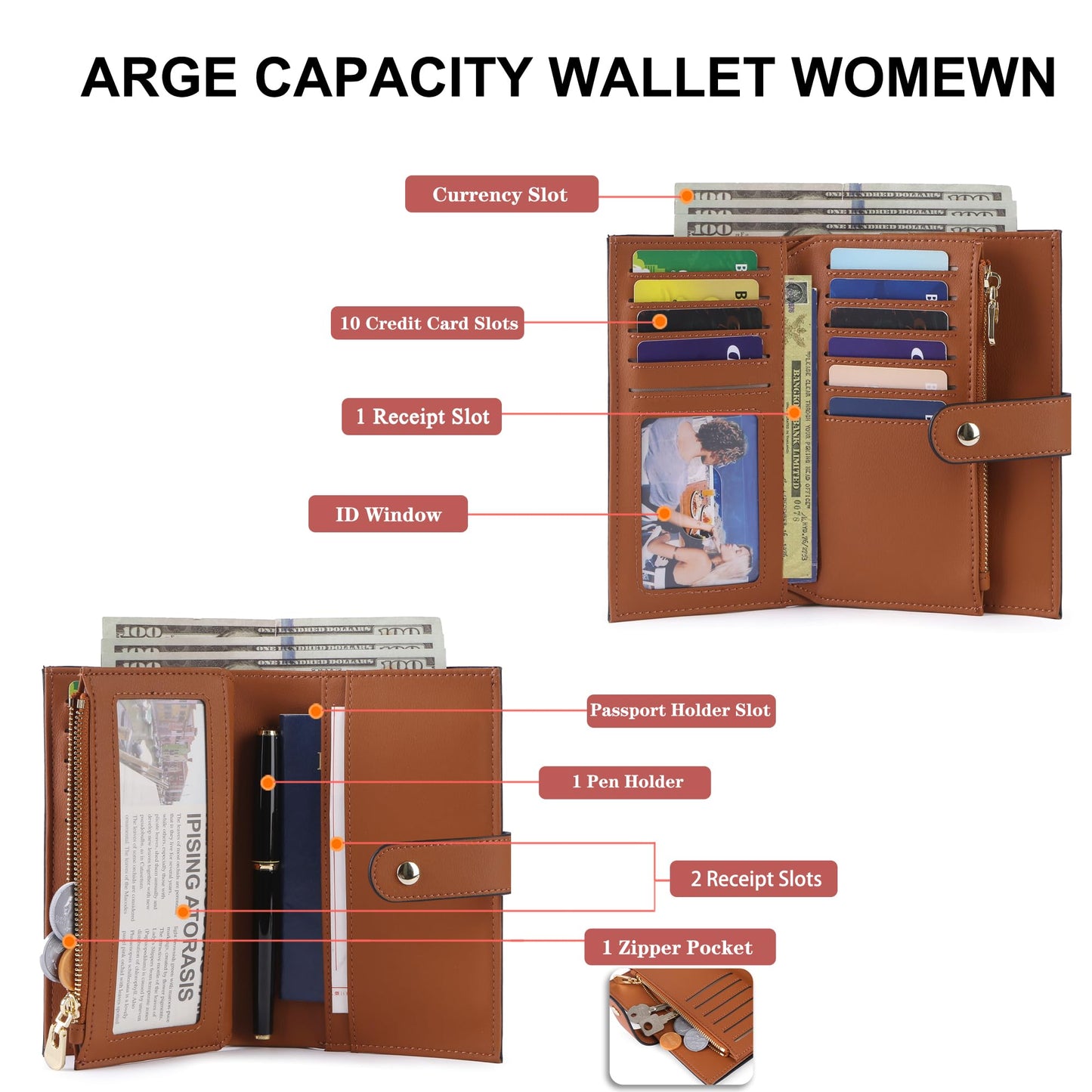 yiijay Wallet Women RFID Blocking Multi Cards Wallet Credit Card Holder for Women Large Capacity Lady Leather Trifold Travel Wallet with Pen Holder