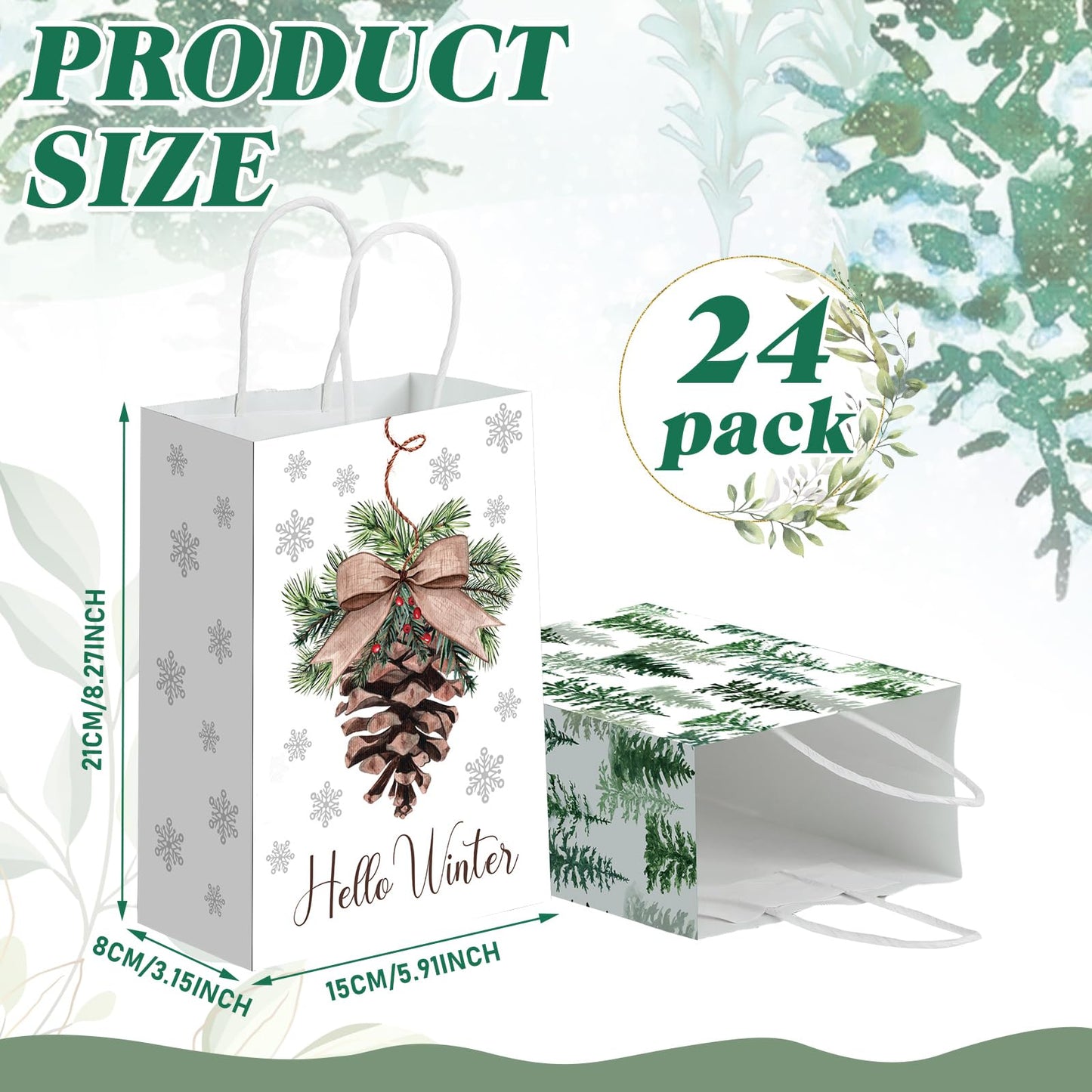 Kolldenn 24 Pcs Christmas Party Favors Bags Christmas Gift Goodie Paper Bags with Handles Reindeer Green Xmas Tree Pine Cones Candy Treat Pouch for Xmas Party Decorations Supplies