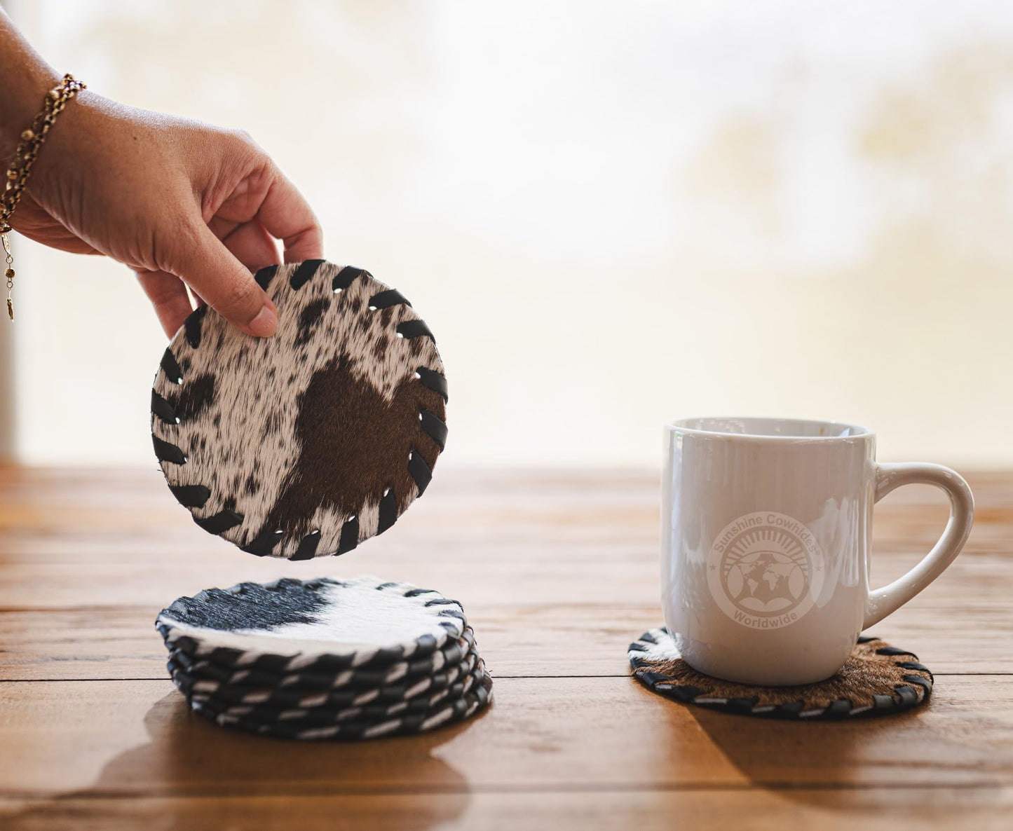Sunshine Cowhides Natural Cowhide Coaster - 4.5" Round Assorted Tones Genuine Leather Coasters for Coffee Table, & Dining Tables, Ideal Cow Print Kitchen Accessories for Home & Office - Set of 8