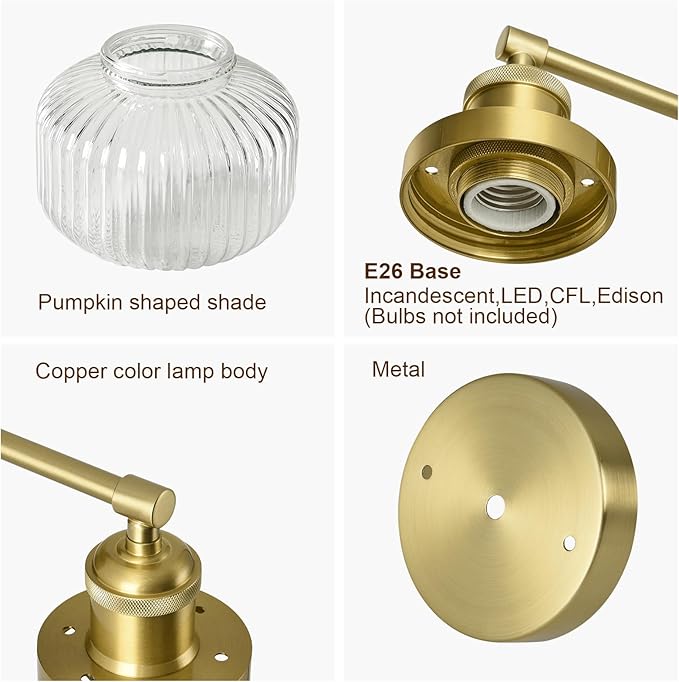 Vintage Wall Sconces with Clear Pumpkin Glass Lampshade, Indoor Bath-Room Wall Sconce, Modern Gold Industrial Lighting Fixture for Mirror Living Room Hallway 1 Pack