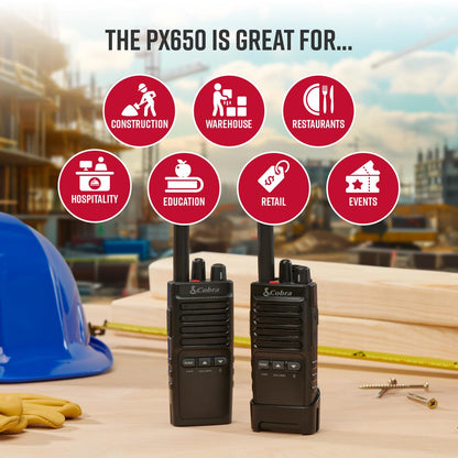 Cobra PX650 BCH6 - Professional/Business Walkie Talkies - Rechargeable, 300,000 sq. ft/25 Floor Range, Dust Protected and Splashproof (IP54 rating), Two-Way Radio Set (6-Pack)