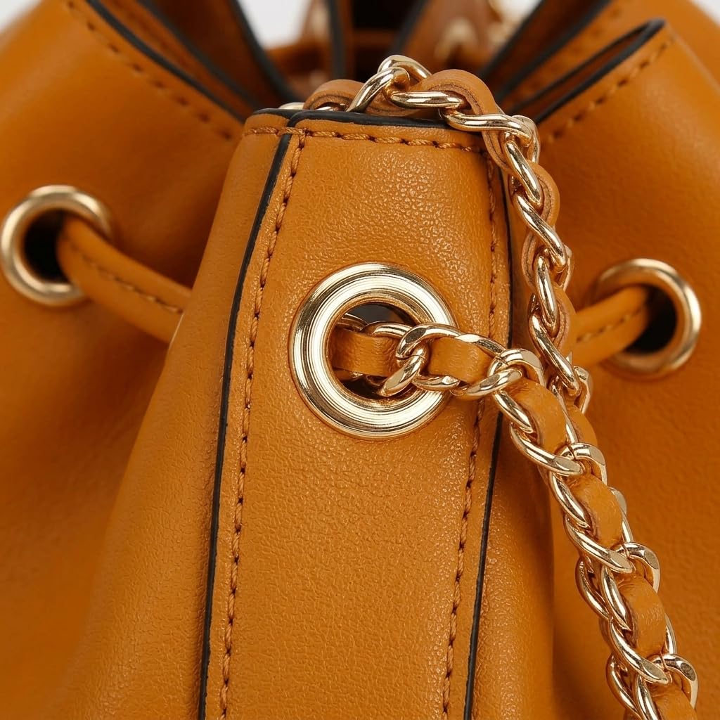Rosvovo Leather Bucket Bag - Elegant Orange Drawstring Crossbody Purse for Women with Gold Chain Strap